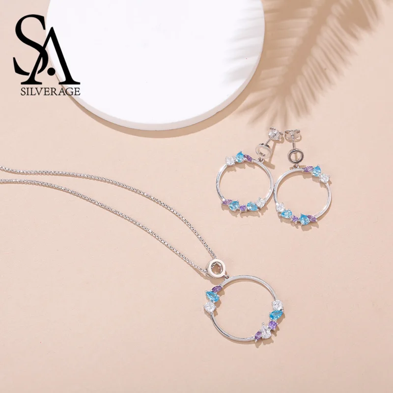 

SA SILVERAGE 925 Sterling Silver Colorful Zirconia Round Circle Pendant Necklaces Drop Earrings Sets 925 Silver Jewelry Sets