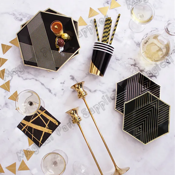 24 sets Black and Gold Party Tableware Paper Cup Plates Dishes Cups