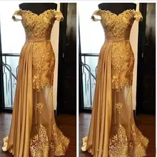 Шикарные золотые платья выпускного вечера V шеи с аппликацией из кружева атласный линия длинная недорогая юбка формальное платье на заказ вечерние платья