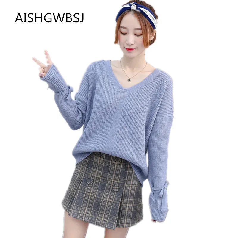 

2019 New Women's Autumn and Winter Models V-neck Solid Color Pullover Short Sweater Hand Sleeves with Knit Bottoming Shirt Tq203
