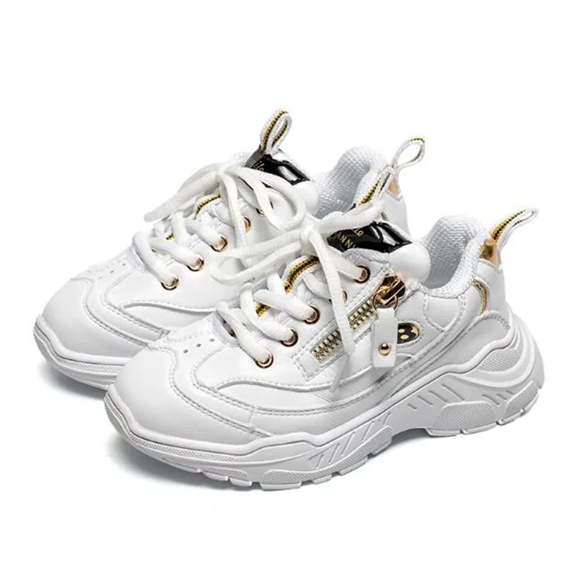 

New Children Sneakers White Black Sports Shoes Student Casual Breathable Boys Girls Fashion side zipper Kids Shoes 02A