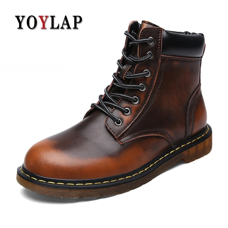 

Yoylap New Handmade genuine Leather Men Boots autumn and winter Designer Lace Up Men Motorcycle Boots Low Heel Ankle Boots Men