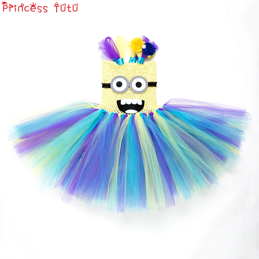 

Minions Cartoon Cosplay Birthday Costume Cute Girl Tutu dress Colorful Baby Toddler Party Halloween Costume With Flower Headband