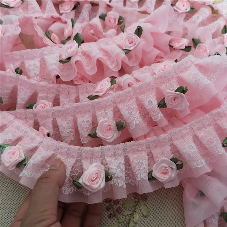 

5CM pink bows pleated sheer lace flowers pleated lace handmade doll dress lace accessories diy clothing decoration