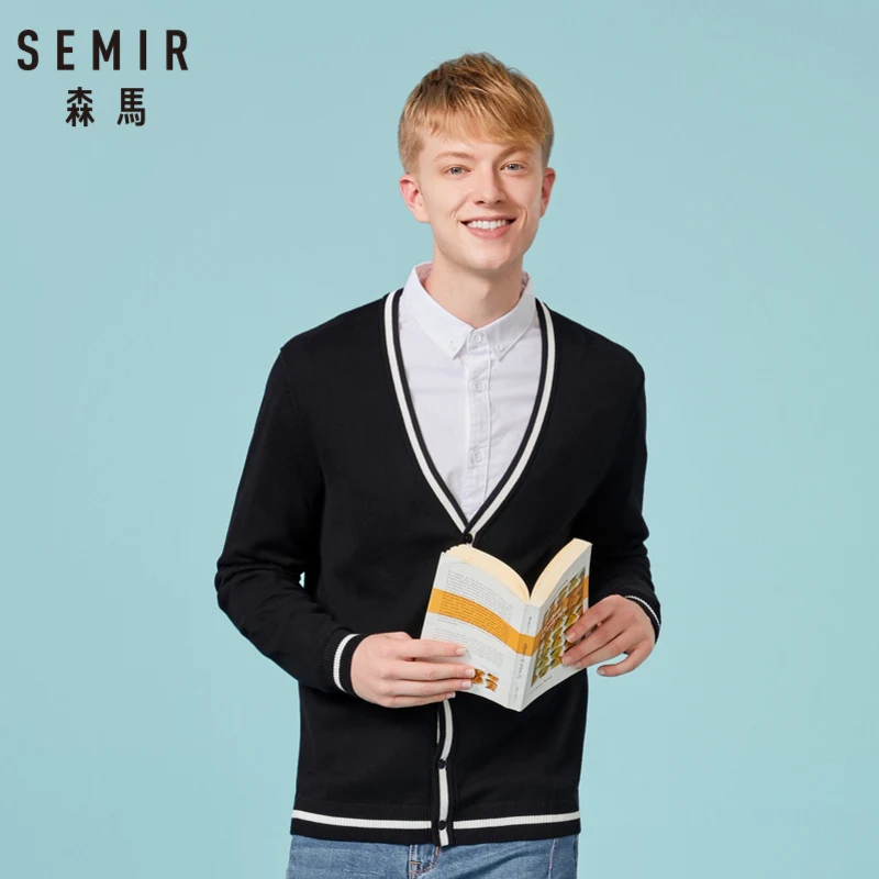 

SEMIR Men 100% Cotton Front-Button V-Neck Cardigan with Contrasted Trim Ribbing at Cuff and Hem Casual Style for Spring Autumn
