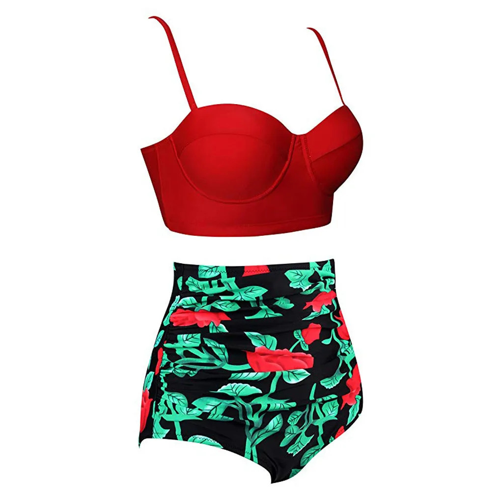 TELOTUNY Women Swimwear Polyester Sexy High Waist Print Push-Up Padded Bra Summer Bikini Sets Bodysuits Split Swimsuits 19L0612