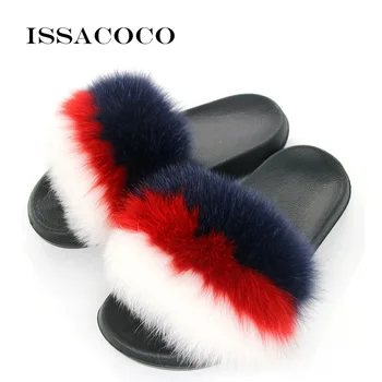 

ISSACOCO Home Slippers Women Flat Fox Hair Slippers Women Fur Slippers Women Non-slip Outdoor Furry Slippers Zapatillas Pantufas