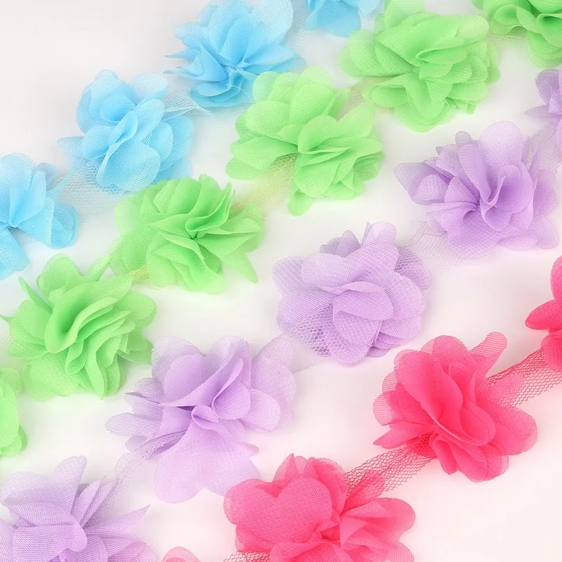 

2yards(24 Flowers) 3D Chiffon Cluster Flowers Lace Trim Lace Fabric Wedding Dress Decoration Applique Trimming Sewing Supplies