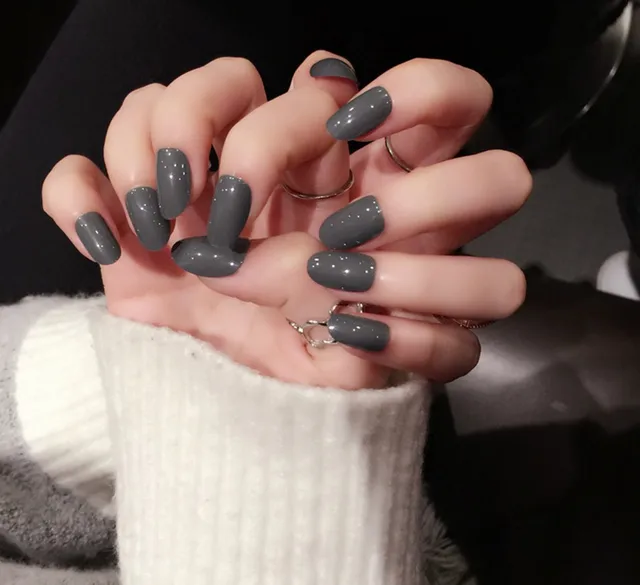 New 24pcs Set Simple Grey Color Printing Fake Nails Short False