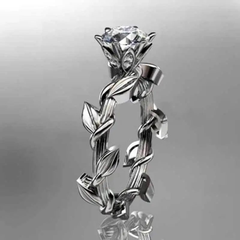 

Charms Silver Olive Tree Branch Leaves Ring for Women Girl Wedding Jewelry Super Shiny Clear Zircon Rings 2019 New