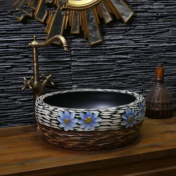 

Europe Vintage Style Ceramic Art Basin Sinks Counter Top ceramic wash basin Bathroom Sinks Carved retro Bathroom Sinks
