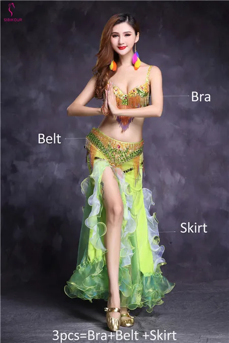 New Design Bellydance Costume For Women Belly Dancing Clothes Belly dance Skirt Oriental Bollywood Bra Belt Dress Set Adult - Цвет: Green 3pcs