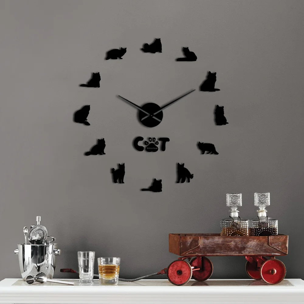 

Siberian Cat Big Needle Frameless Cute Kitten Large Wall Watch DIY Lovely Wall Art Giant Wall Clock Pet Shop Decorative
