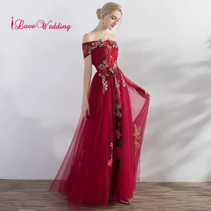 

New Fashion 2019 Off the Shoulder Lace Embroidery A Line Red Tulle Prom Dresses Long Prom Party Gown