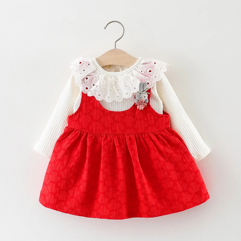 Осень с длинным рукавом для младенцев девочек детская футболка + мультфильм кролик Straped комбинезоны платье принцессы Vestido 2 шт. одежда