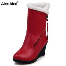 Taille 30-52 Femme Ronde Toe Wedge Mi-mollet Bottes Femmes épaissie Fourrure Hiver Chaud Demi de Neige Botas Haute Qualité Chaussures chaussures