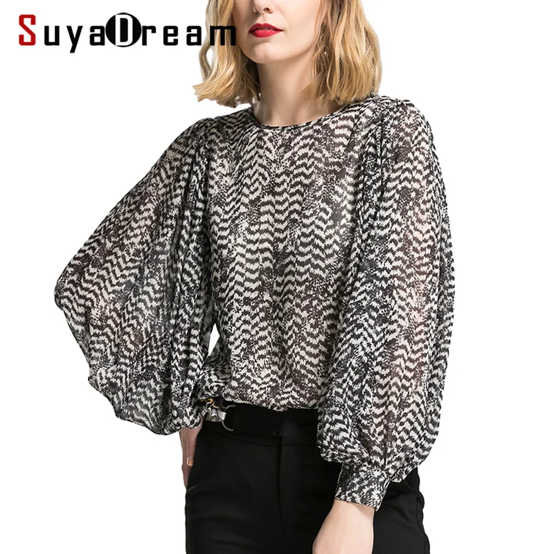 Women Blouse 100%Real silk Long sleeved Printed Fashion Transparent Blouses 2018 Spring New Top shirt