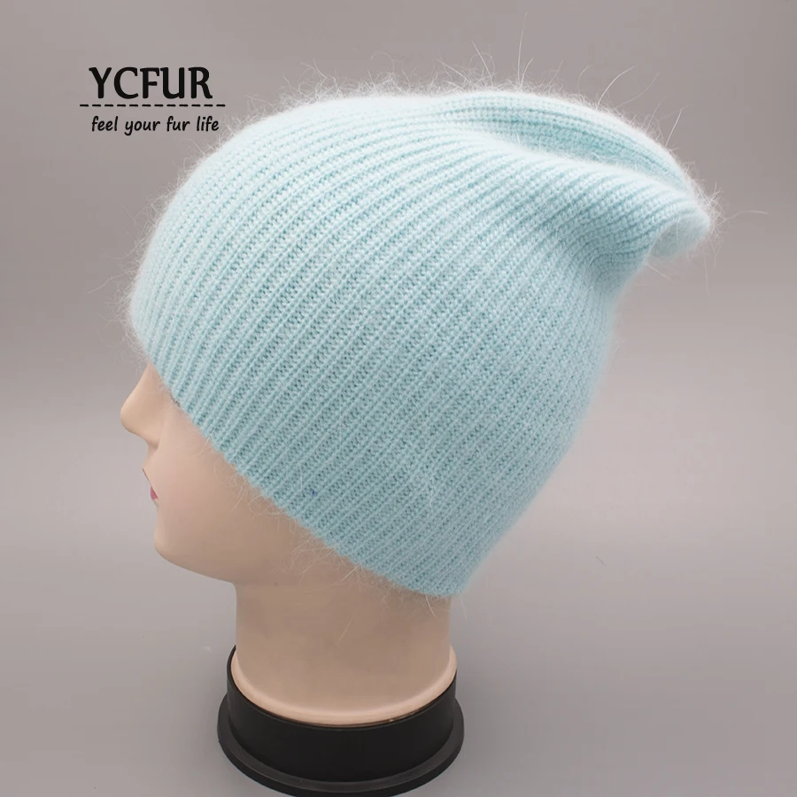 Женская шапка на осень зиму YCFUR вязаная шерстяная из ангорской шерсти с кроличьим