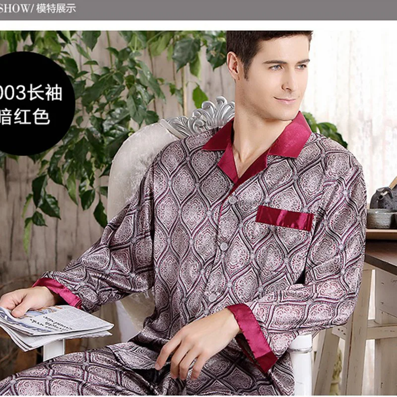 

Spring summer autumn luxury men's silk pajamas long sleeve sleepwear twinset thin plus size clothing loungewear L XL XXL XXXL