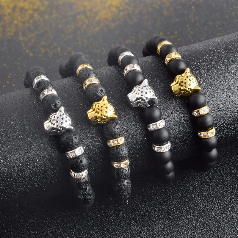 

2018 Fashion Women Bracelet Lucky Charm Black Natural Stone Beads Onyx Cheetah Bracelets for Men Women Leopard Head Bracelet