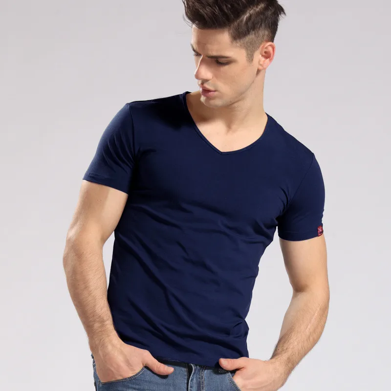 

men slim solid color cotton t shirts v neck short sleeve male white tops summer 2019 man's plus size gym clothing vintage shirt