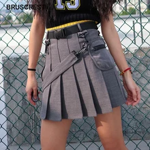 Летние сексуальные короткие юбки Женская юбка с высокой талией Повседневная серая юбка с поясом Корейская плиссированная мини-юбка в стиле панк винтажная уличная