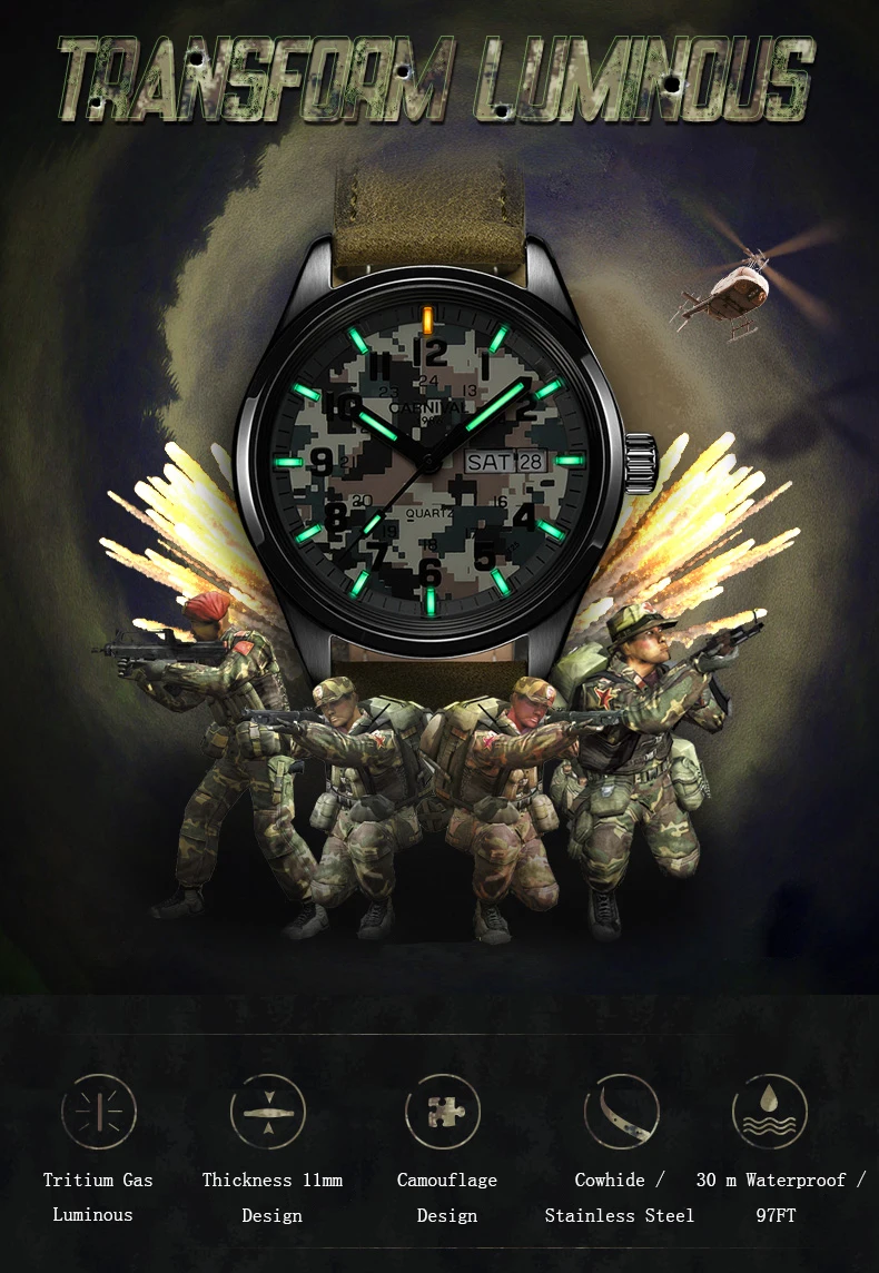 Новые мужские часы Топ бренд класса люкс Тритий Светящиеся спортивные водонепроницаемые 30 М Кварцевые часы мужские Модные Военные часы relogio