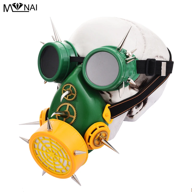 

Vintage Gothic Punk Resin Green Steampunk Mask and Goggles Cosplay Rivet Gas Mask Halloween Costumes For Women /Men