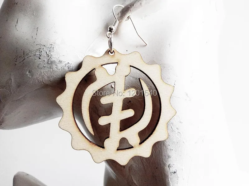 Free Shipping 2015 hot Natural Afro Wood AFRICA Adinkra Gye Nyame symbol Wood Earrings can mix