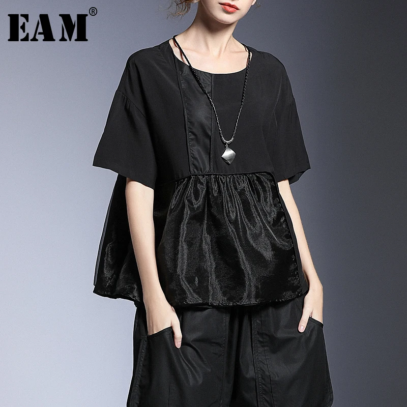 

[EAM] 2019 New Spring Summer Round Neck Short Sleeve Black Organza Split Joint Big Size Shirt Women Blouse Fashion Tide JW166