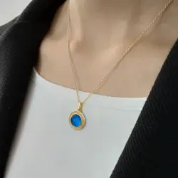 Модные Аутентичные стерлингового серебра 925 пробы круглые синие кристаллы с узором подвеска, ожерелье, амулеты X224