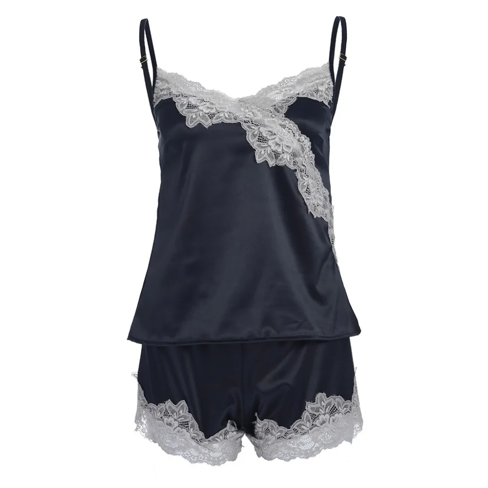 

Women Sexy Sleepwear Pure Color Pajama Set Lace V-Neck Sleeveless Pyjamas Cute Polyester Shorts Babydoll Nightwear 2PC Set %8