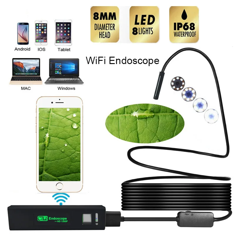 

WIFI Endoscope Camera Mini Waterproof Soft Cable Inspection Camera USB Endoscope LED Borescope For IOS Android PC 8mm 1200P 2m