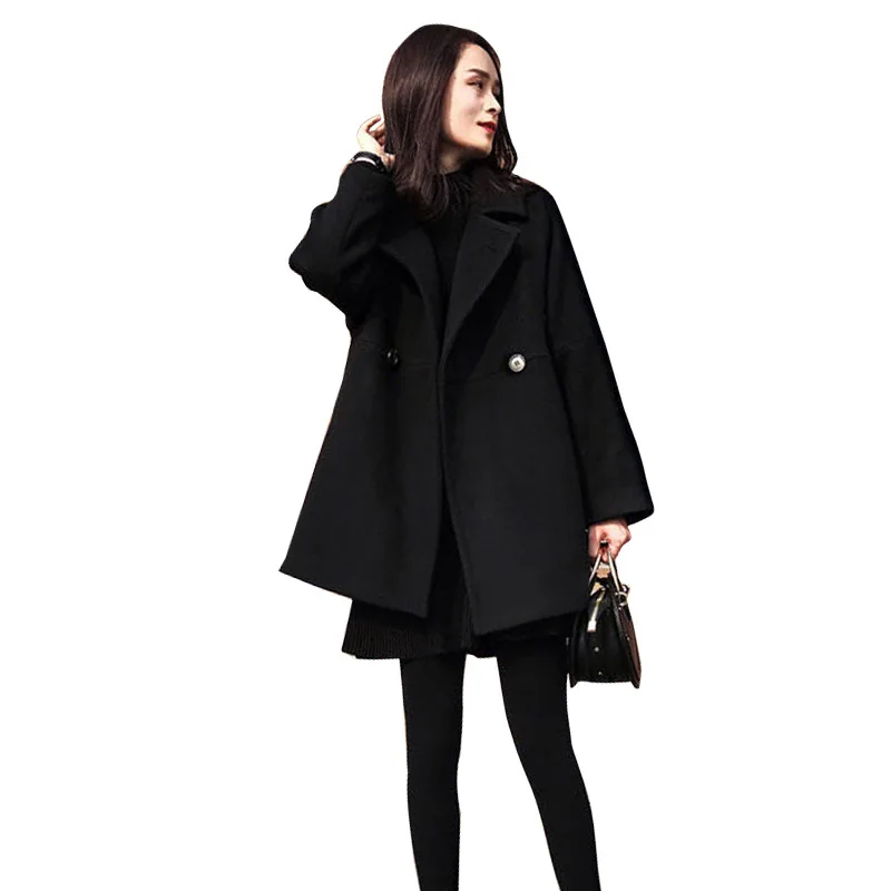 Taille Survêtement Lâche Pour De Manteau Mode Black Laine Turn Femmes Automne Nouveau Collar Mélanges Plus Hiver Grande down Noir Les La Z7wHqY