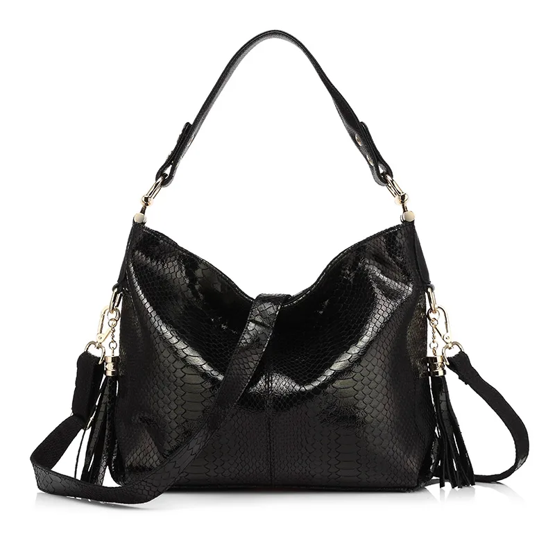 REALER женские натуральная кожа сумка большая емкость сумки на плечо женский серпантин принты кожаная сумка - Цвет: Черный