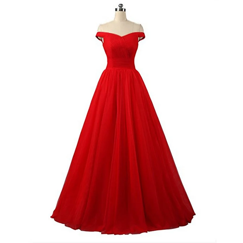 

Off The Shoulder Red Prom Dresses Pleats Tulle A-line Formal Party Dresses Red Burgundy Black Multi Color Simple Prom Gowns