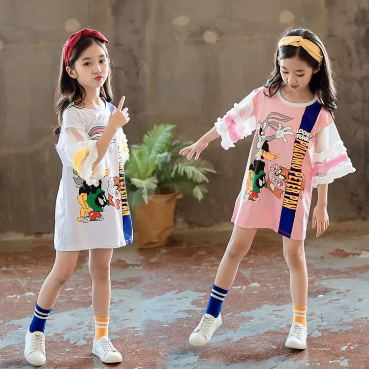 

Baby Girls Clothing Trumpet Sleeves Long T-shirt 2019 Summer Cartoon Printing Ice Porcelain Cotton Mesh Thin Section T-shirt