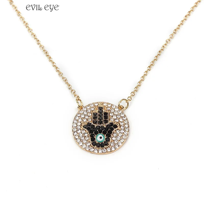 

evil eye 1pc Gold Color Round Hamsa Hand Evil Eye Charm Zircon Pendent Necklace For Women's Fashion Jewelry Decoration