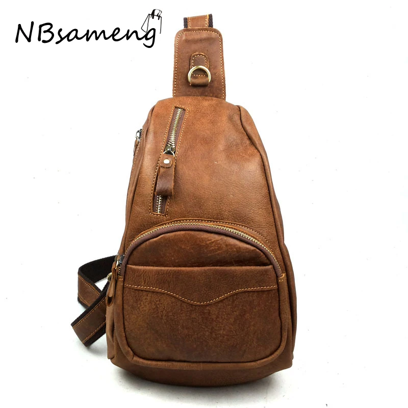 New Fashion 2016 100 Genuine Cowhide Leather Mens Chest Bag Traveling Bicycling Vintage Quality Messenger Bags