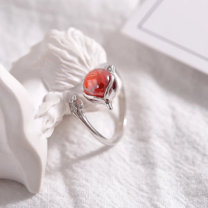 

s925 pure silver garnet fox the silver ring The single ring red lovely temperament openings Delicate microscope