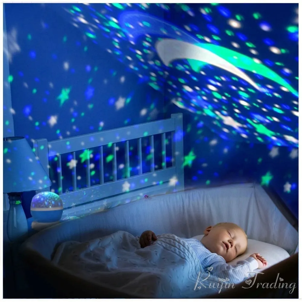 

Hot Sale Nursery Night Light Star Moon Sky Rotating Projector AAA Battery Powered For Children Kids Baby Bedroom Bedside Lamp