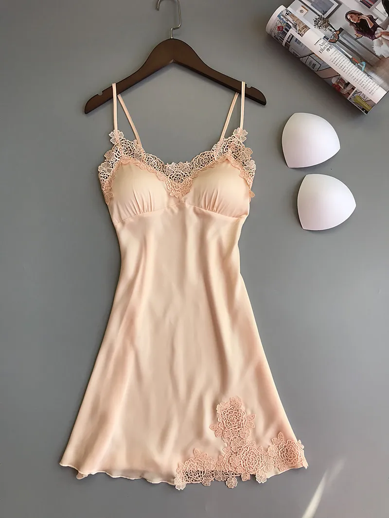 Embroidery Laced Woman Silky Smooth Slips with Pads Negligee Camisole Women Full Slips Nightgown Dress Sexy Lingerie Embroidery Laced Woman Silky Smooth Slips with Pads Negligee Camisole Women Full Slips Nightgown Dress Sexy Lingerie