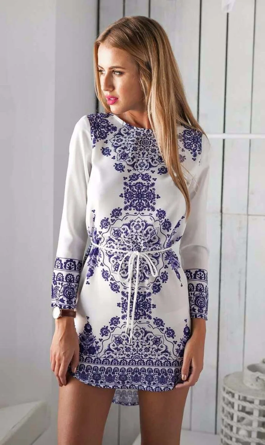 2016-New-Summer-Women-Dress-Long-Sleeve-Print-Tunic-Ladies-Casual-Dresses-White-O-neck-Vintage