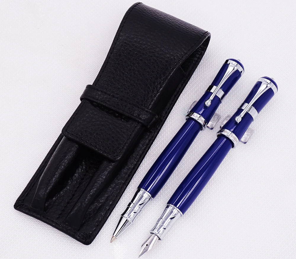 Fuliwen 2051 Синий металл авторучка и ролик ручка с натуральной кожи пенал сумка Омывается теплые пенал держатель письменный набор