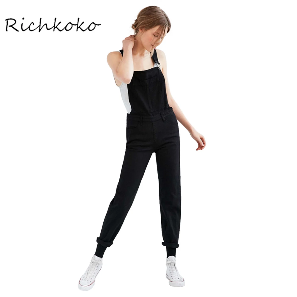 Richkoko Summer Solid Black Women Overall Zipper Side Pockets Slim