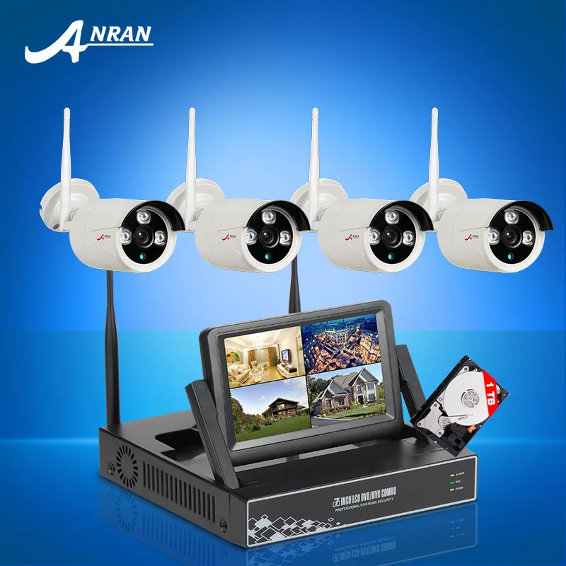 Plug And Play 7'LCD Screen 4CH Wireless NVR Kit&720P HD Outdoor Waterproof WIFI Camera Security Video Surveillance System+1TBHDD