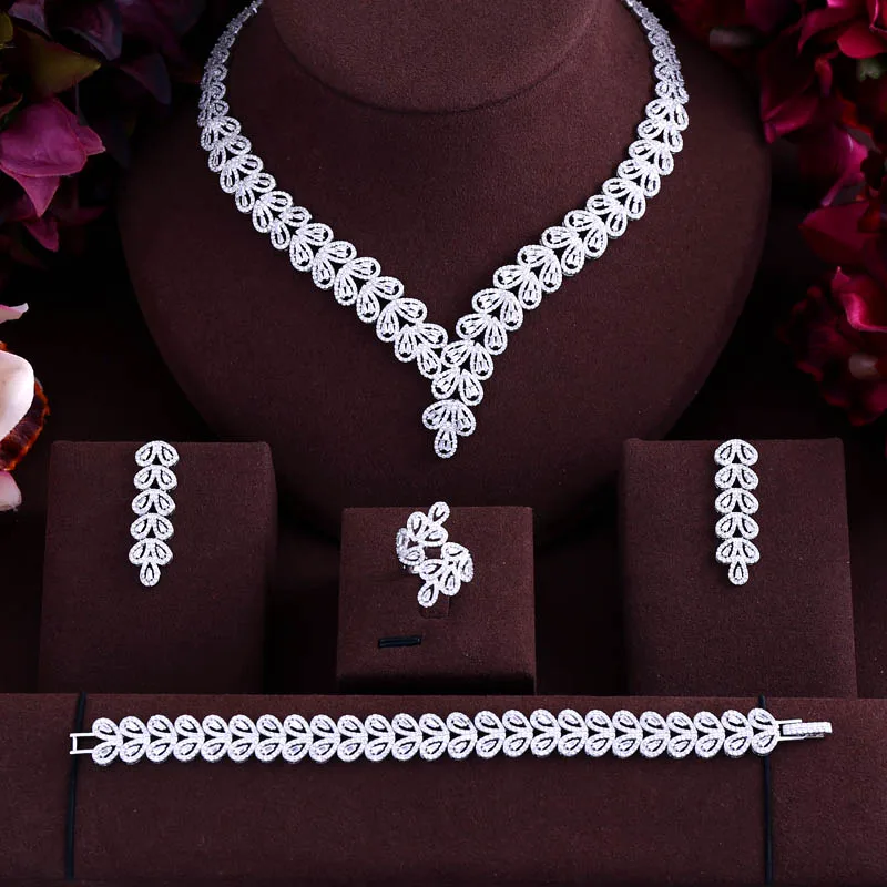 

Accking Luxury leaves CRYSTAL ZIRCON EARRINGS AND NECKLACE BRIDAL JEWELRY SET WEDDING DRESS ACCESSARIES