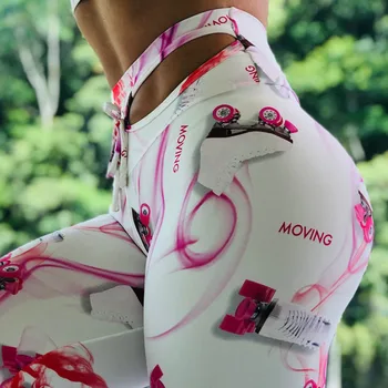 

Drop Shipping Skates Printed Leggings Hollow Waistband Bandage High Waist Moving Sportwear White Pink Wow Factor Print Leggings