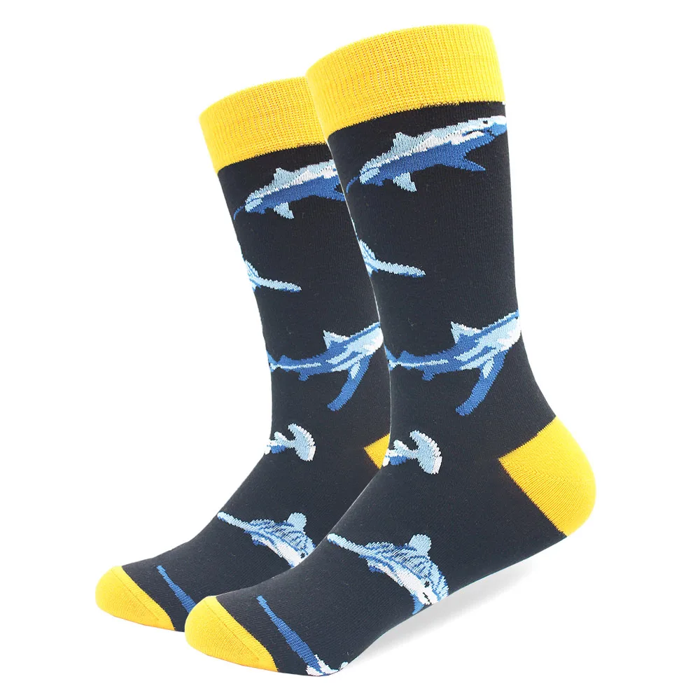 10 пар/лот чесаные хлопковые носки мужские длинные носки с забавными акулами, креветками, китами, животными, носки высокого качества, повседневные носки