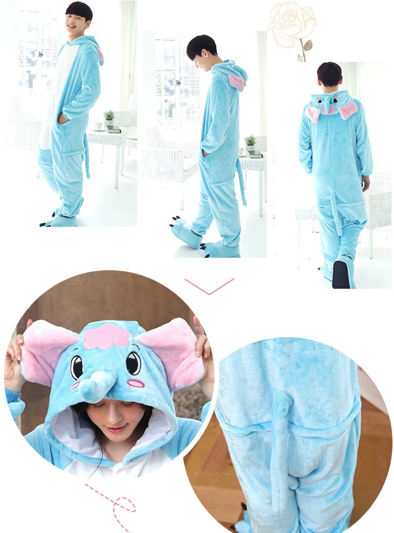 Для взрослых кигуруми Onesie аниме женский костюм слон Хэллоуин косплей мультфильм животных пижамы зимние теплые фланелевые пижамы с капюшоном